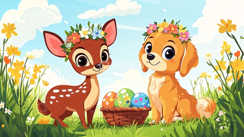 高清大图下载【趣麦麦图】小鹿和狗狗的复活节彩蛋