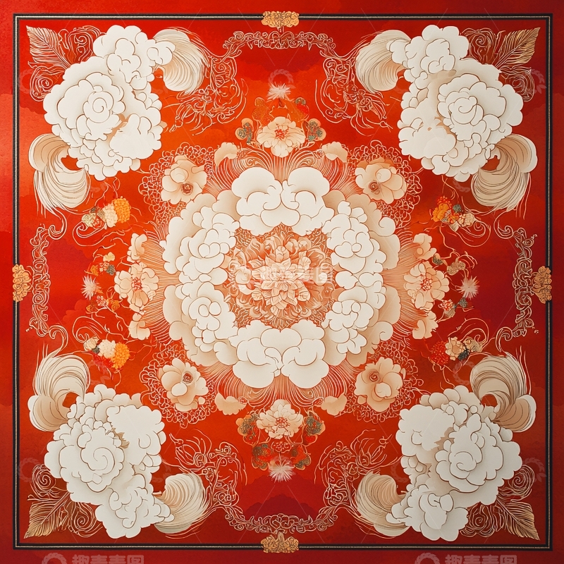 高清大图下载【趣麦麦图】红色祥云牡丹纹样