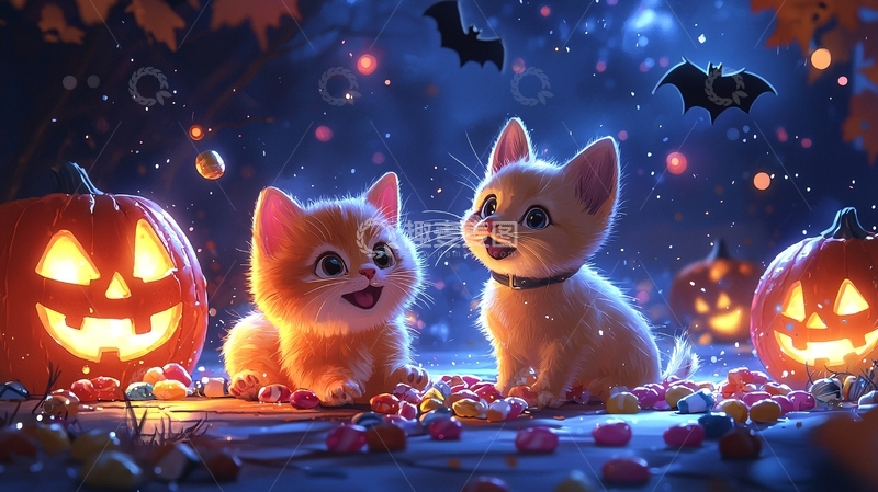 高清大图下载【趣麦麦图】万圣节可爱猫咪南瓜灯