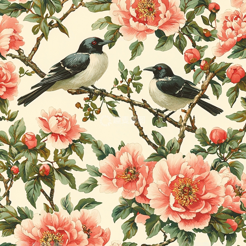 高清大图下载【趣麦麦图】粉色牡丹花鸟图