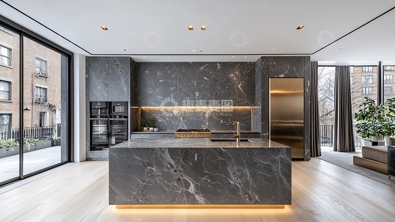 高清大图下载【趣麦麦图】现代极简灰色石材厨房