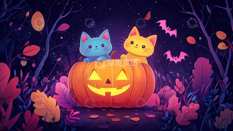 高清大图下载【趣麦麦图】两只猫咪南瓜灯