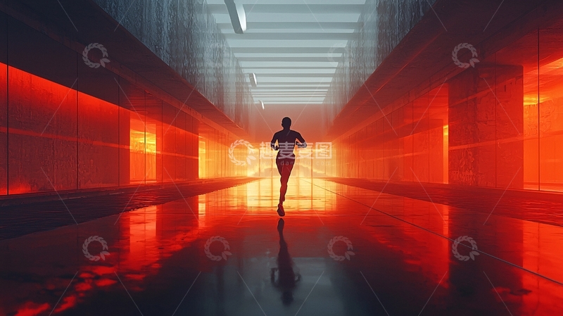 高清大图下载【趣麦麦图】红光走廊奔跑女子