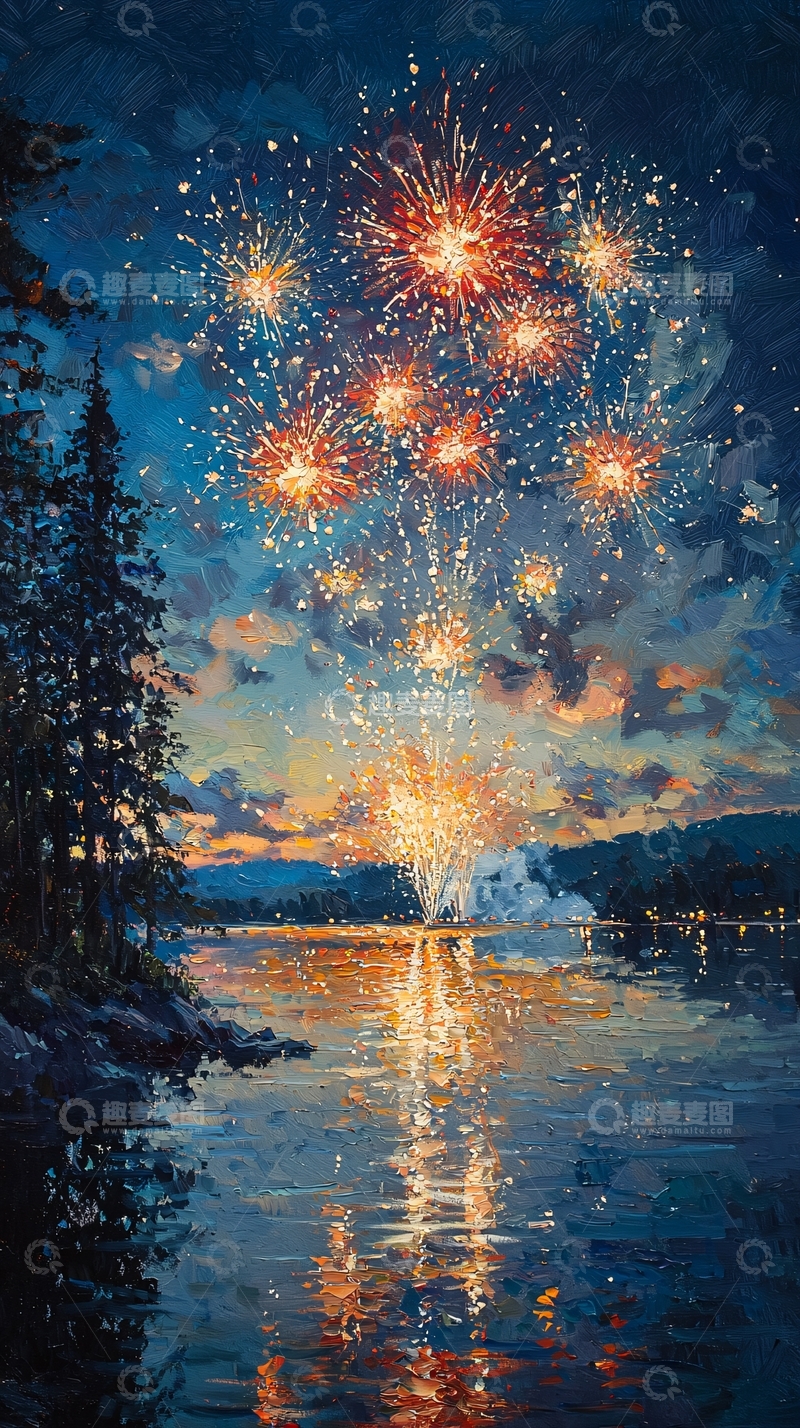 高清大图下载【趣麦麦图】夜空绽放烟花湖面倒影