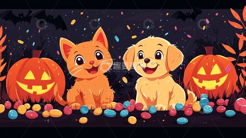 高清大图下载【趣麦麦图】猫狗南瓜万圣节糖果