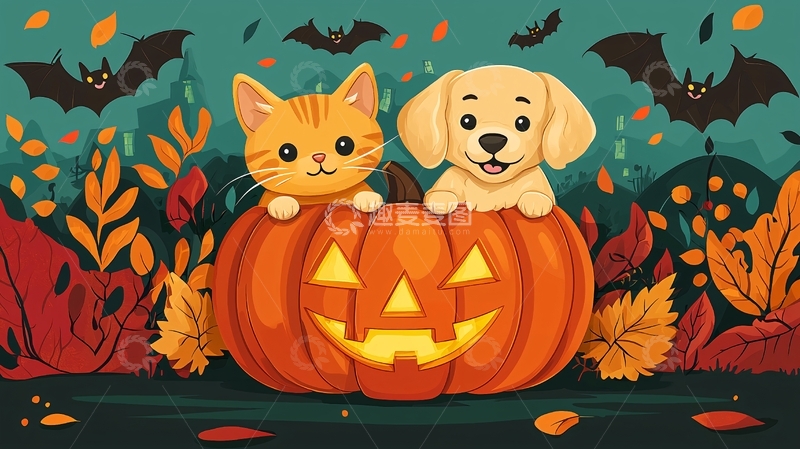 高清大图下载【趣麦麦图】猫咪狗狗南瓜灯
