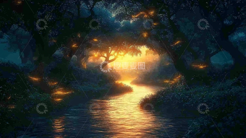 高清大图下载【趣麦麦图】神秘森林小溪夜景