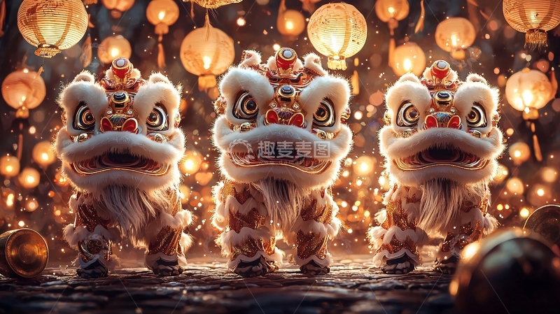 高清大图下载【趣麦麦图】三只可爱舞狮灯笼背景