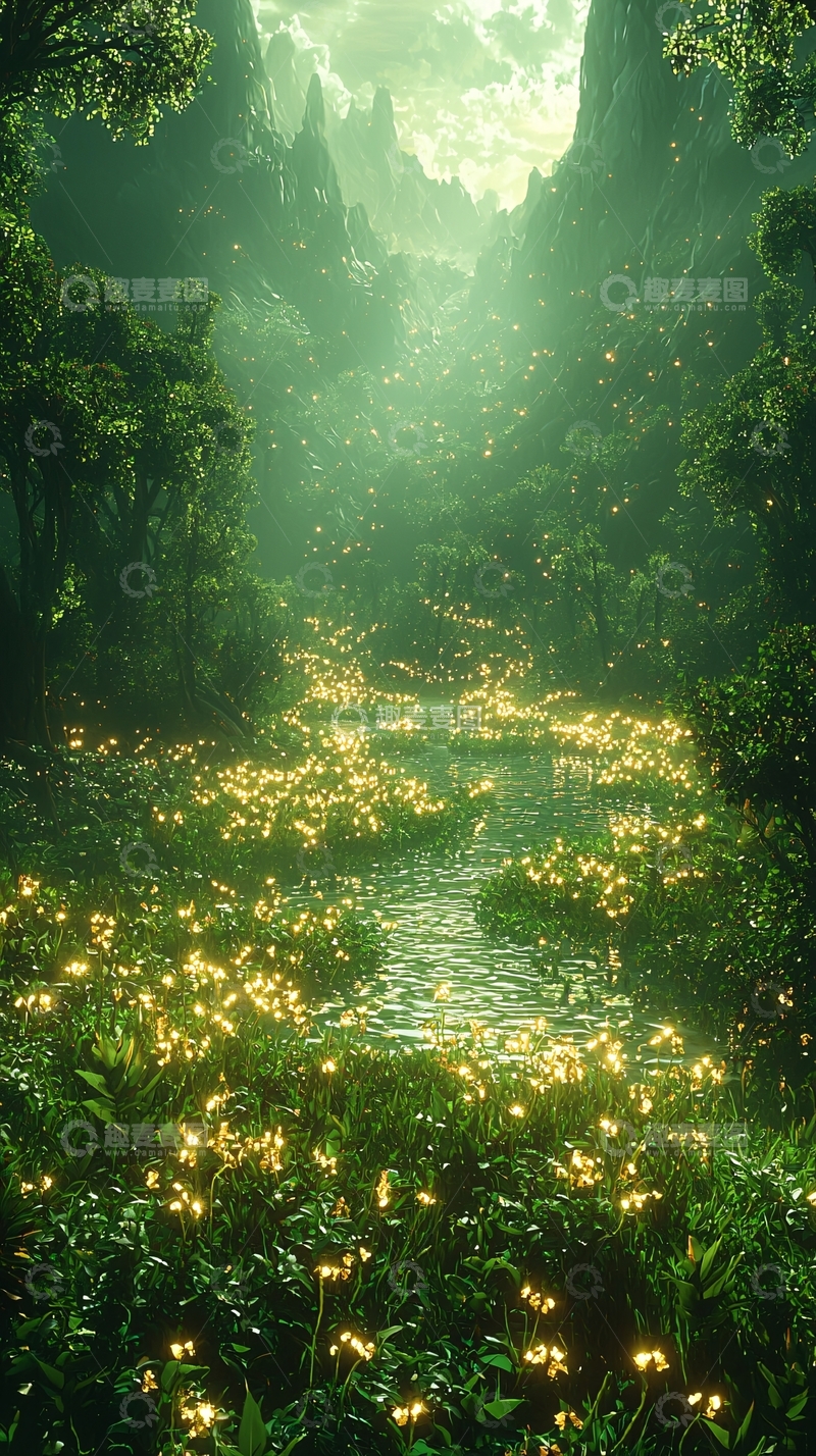 高清大图下载【趣麦麦图】萤火虫溪流梦幻森林