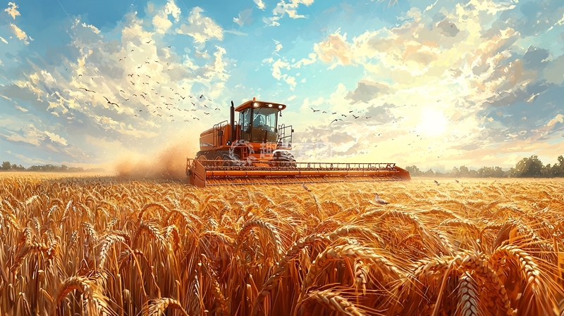 高清大图下载【趣麦麦图】秋收时节金色麦田收割机
