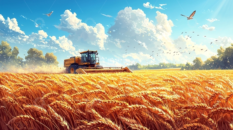 高清大图下载【趣麦麦图】金色麦田收割机