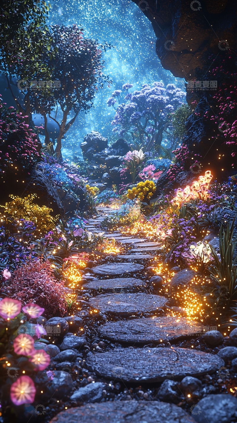 高清大图下载【趣麦麦图】梦幻萤火石阶小路