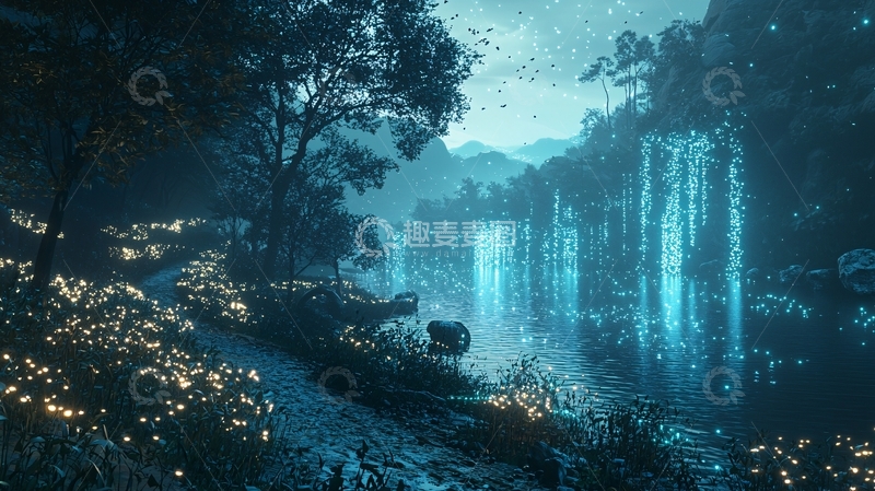 高清大图下载【趣麦麦图】幽暗森林瀑布夜景