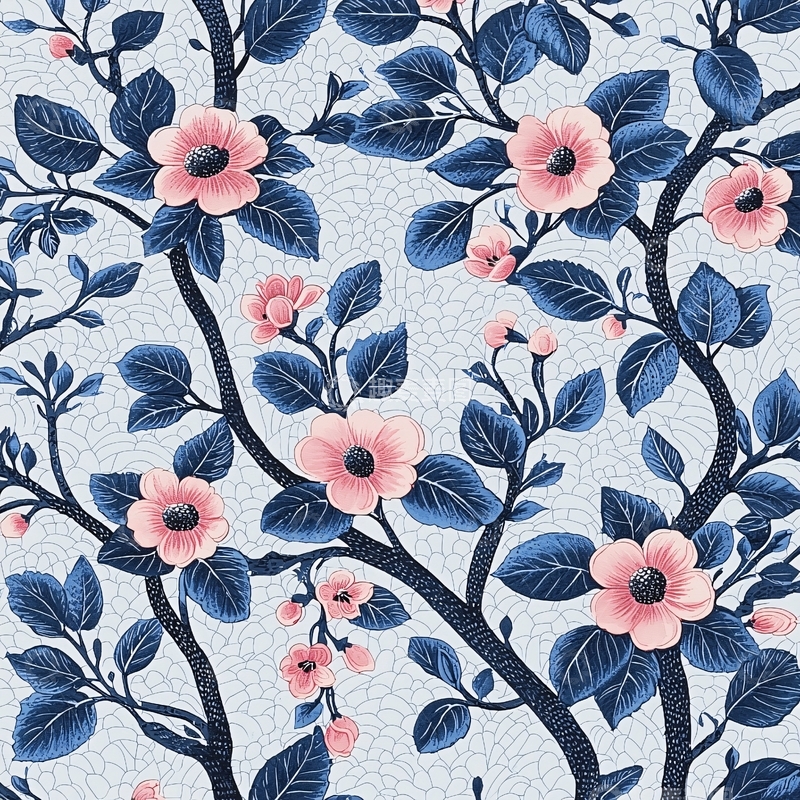 高清大图下载【趣麦麦图】蓝粉色花卉枝叶纹理