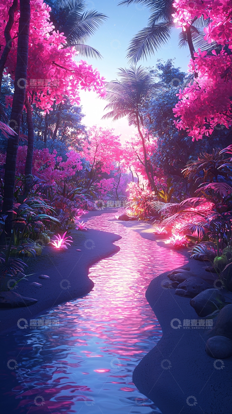 高清大图下载【趣麦麦图】梦幻粉色河流森林