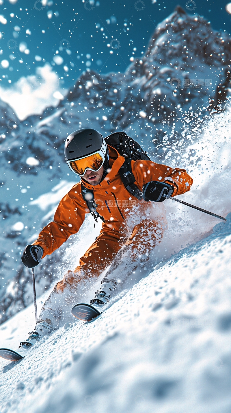 高清大图下载【趣麦麦图】滑雪运动员雪山飞驰
