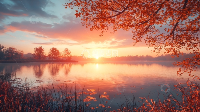 高清大图下载【趣麦麦图】秋日清晨湖边日出