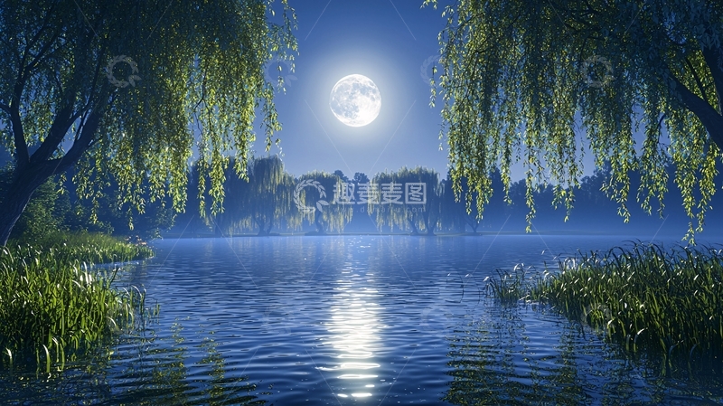 高清大图下载【趣麦麦图】月光下的湖边垂柳
