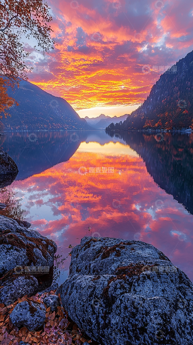 高清大图下载【趣麦麦图】秋日湖泊日落倒影