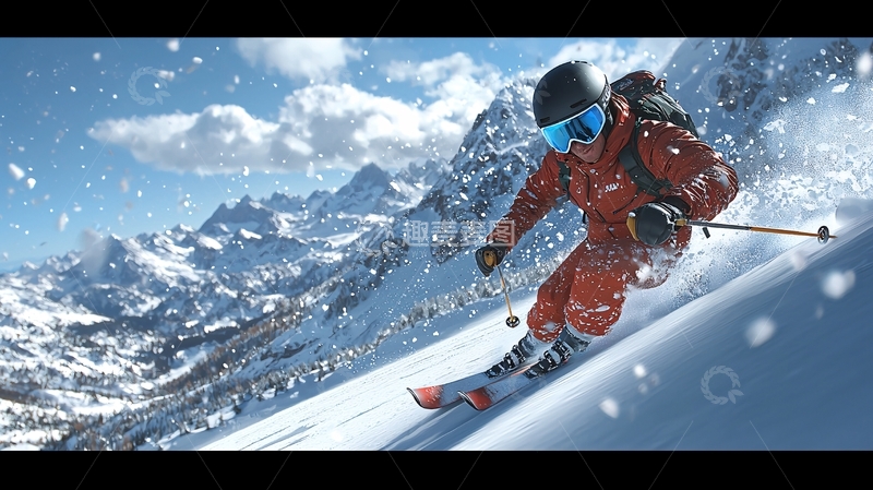 高清大图下载【趣麦麦图】滑雪者在雪山疾驰