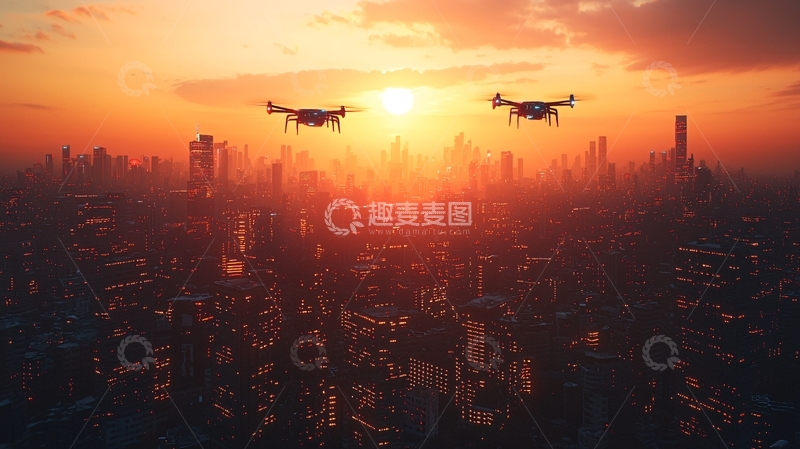 高清大图下载【趣麦麦图】日落城市上空两架无人机