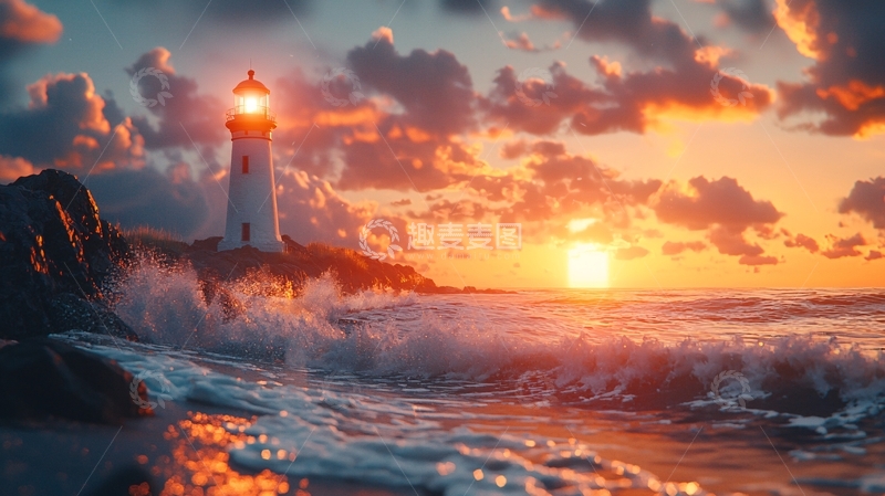 高清大图下载【趣麦麦图】日落海景灯塔