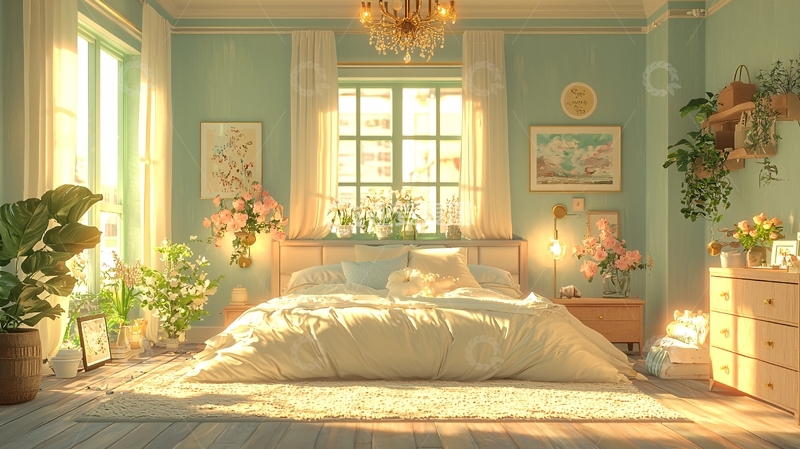 高清大图下载【趣麦麦图】阳光洒满卧室的温馨场景