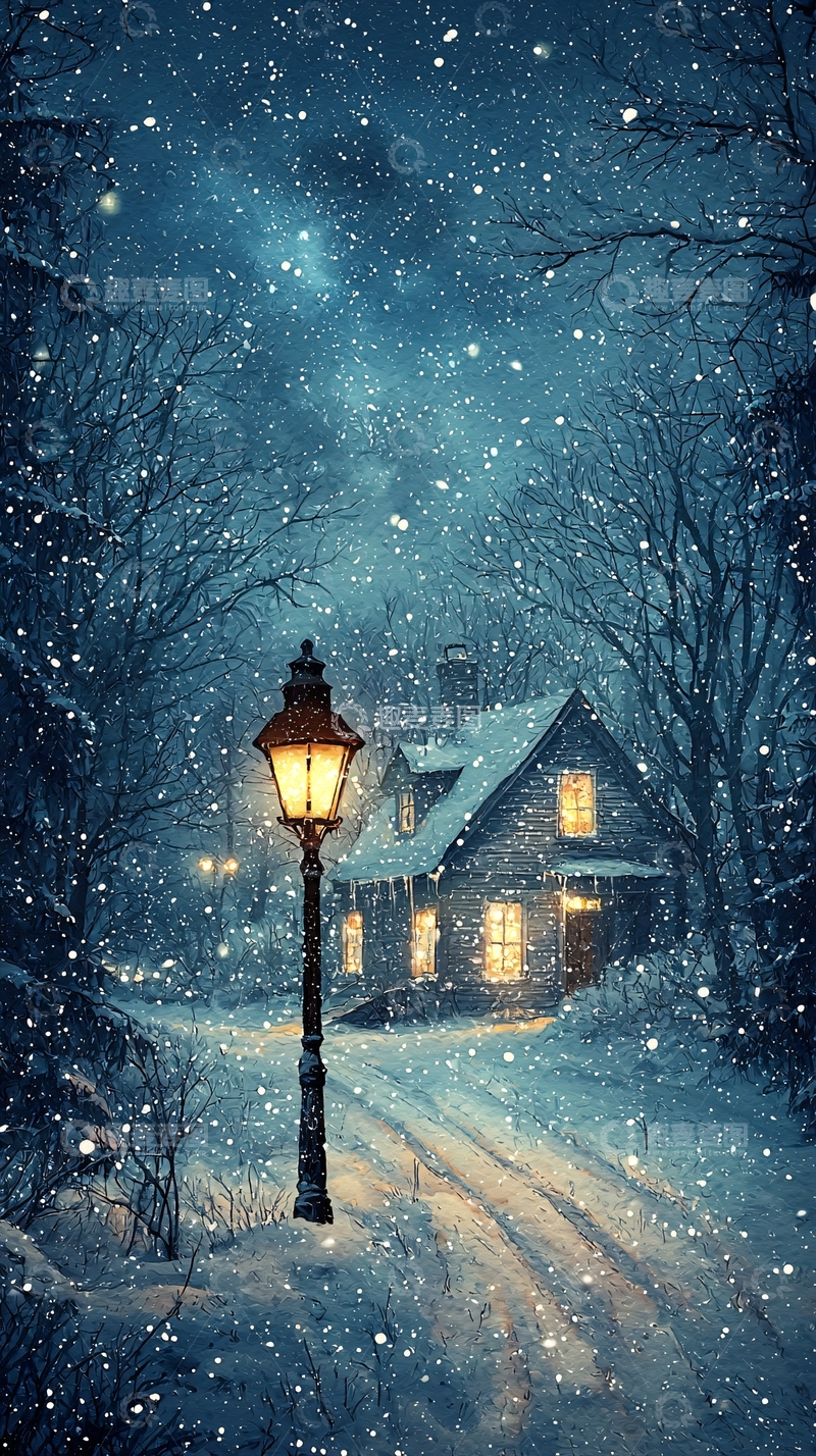 高清大图下载【趣麦麦图】冬夜雪景小路灯光