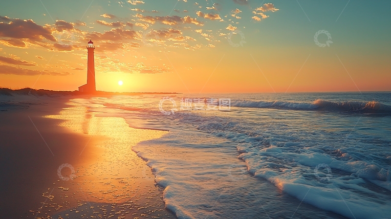 高清大图下载【趣麦麦图】日出海滩灯塔剪影