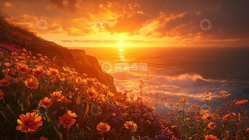 高清大图下载【趣麦麦图】日落海边花田