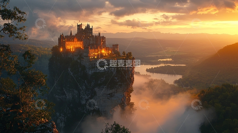 高清大图下载【趣麦麦图】落日余晖下的悬崖城堡