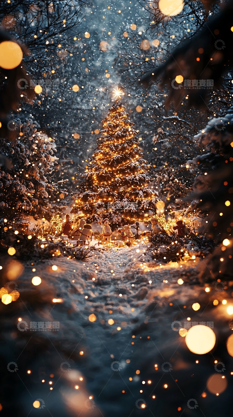 高清大图下载【趣麦麦图】雪夜森林圣诞树3