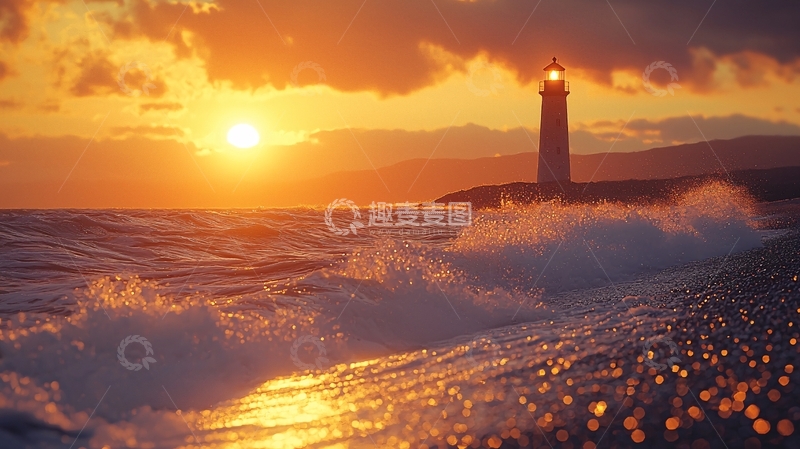 高清大图下载【趣麦麦图】日落海景灯塔