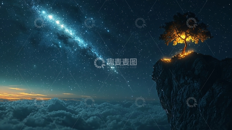 高清大图下载【趣麦麦图】星空下的悬崖树