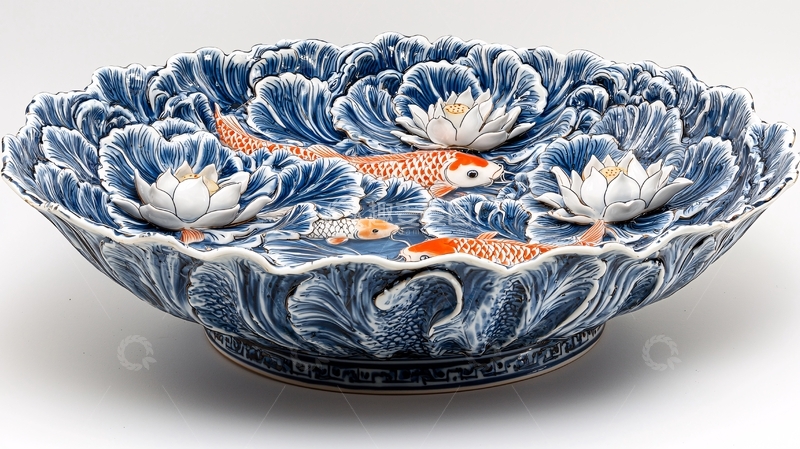 高清大图下载【趣麦麦图】蓝白瓷器荷花鲤鱼碗