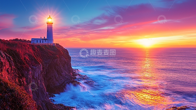 高清大图下载【趣麦麦图】海边日落灯塔风景
