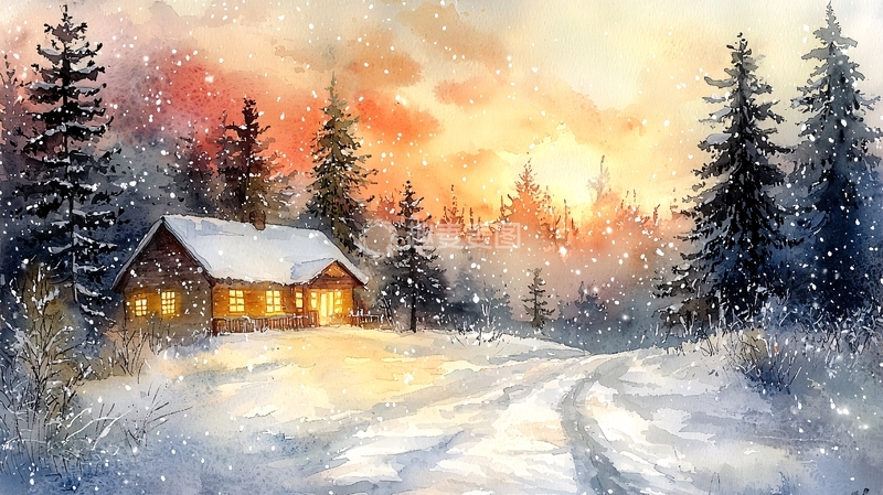 高清大图下载【趣麦麦图】冬日雪景小屋水彩画