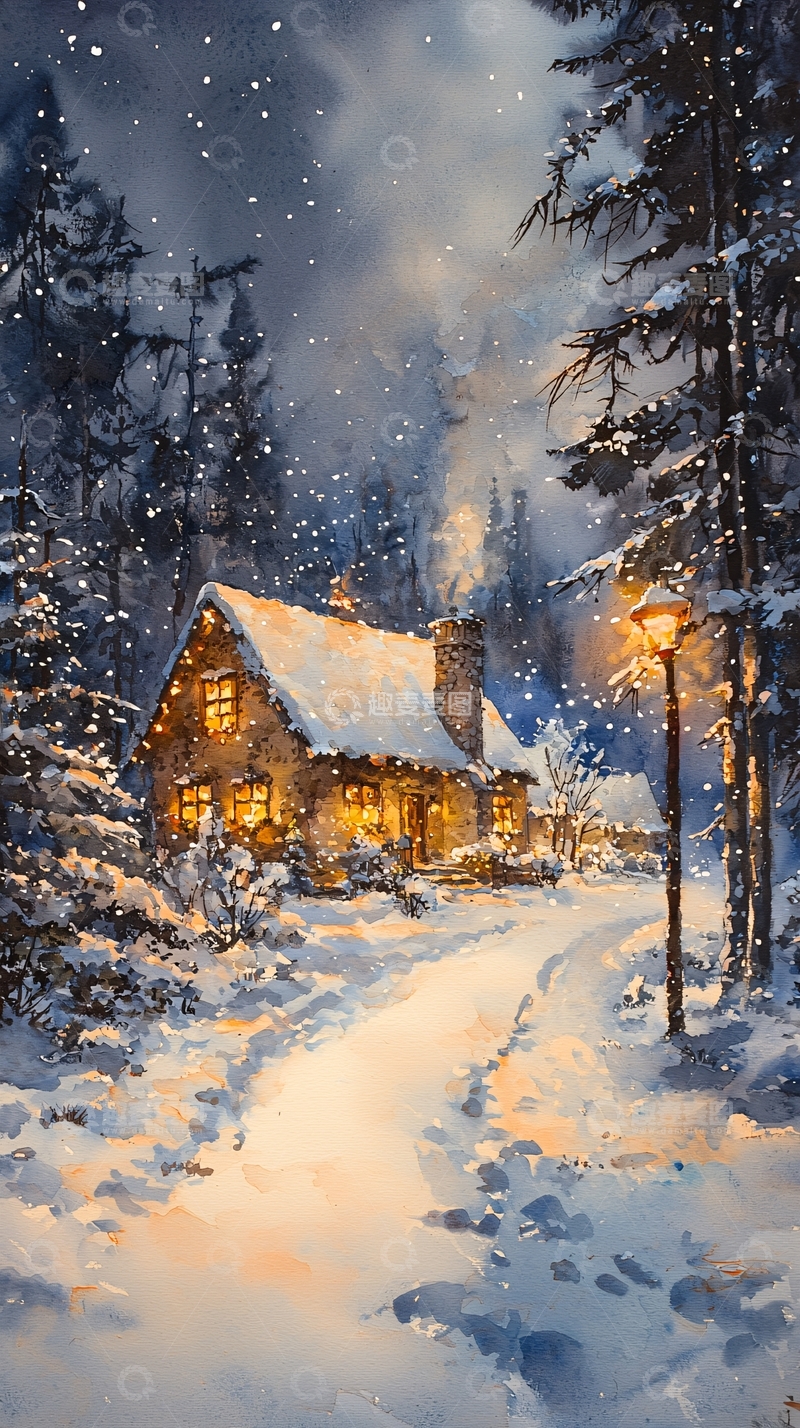 高清大图下载【趣麦麦图】雪夜小屋