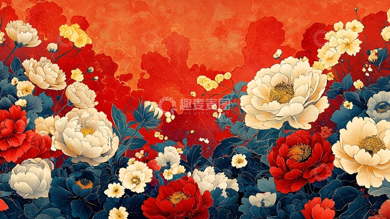 高清大图下载【趣麦麦图】红色背景牡丹花