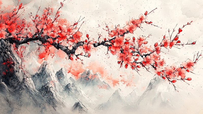高清大图下载【趣麦麦图】水墨画风格的红梅山景