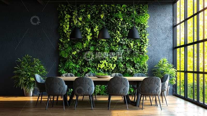 高清大图下载【趣麦麦图】绿植墙面的现代餐厅