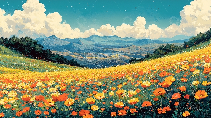 高清大图下载【趣麦麦图】金色花海山峦景色