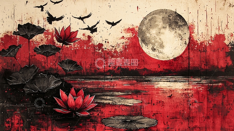 高清大图下载【趣麦麦图】血色月夜荷花图