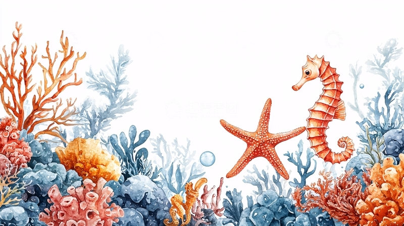 高清大图下载【趣麦麦图】水彩海马珊瑚礁