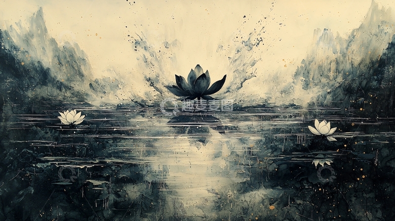 高清大图下载【趣麦麦图】水墨莲花山水意境图