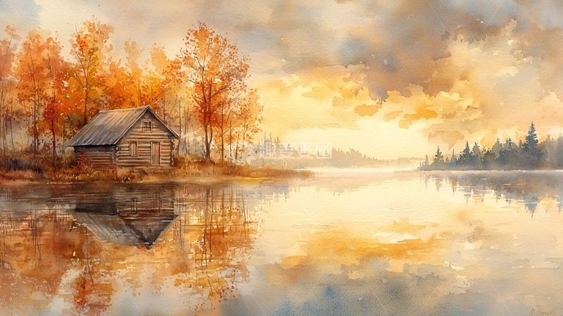 高清大图下载【趣麦麦图】湖边小屋秋景如画