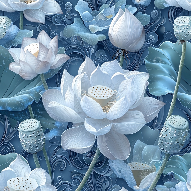 高清大图下载【趣麦麦图】水墨蓝白莲花