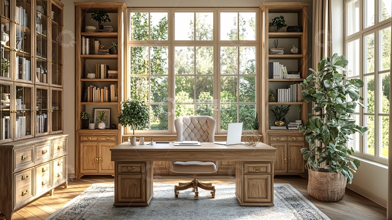 高清大图下载【趣麦麦图】阳光洒进的木质书房