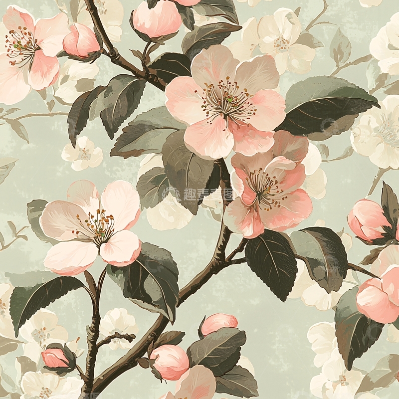 高清大图下载【趣麦麦图】淡粉色花朵与绿叶