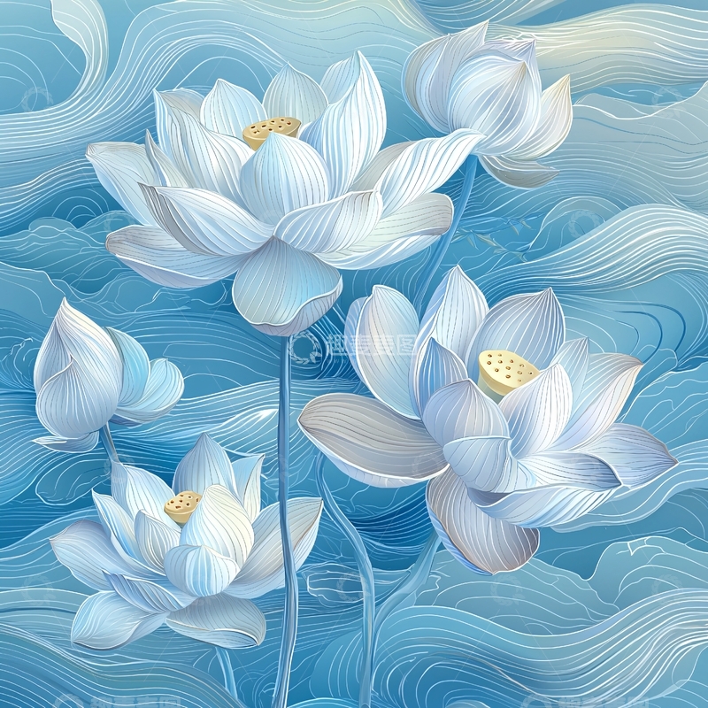 高清大图下载【趣麦麦图】蓝色水波纹白色莲花